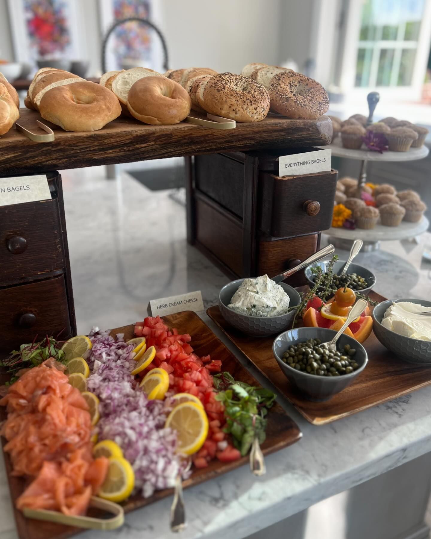 Bagel bar with smoked salmon, toppings, and cream cheese for a breakfast catering event in Maryland