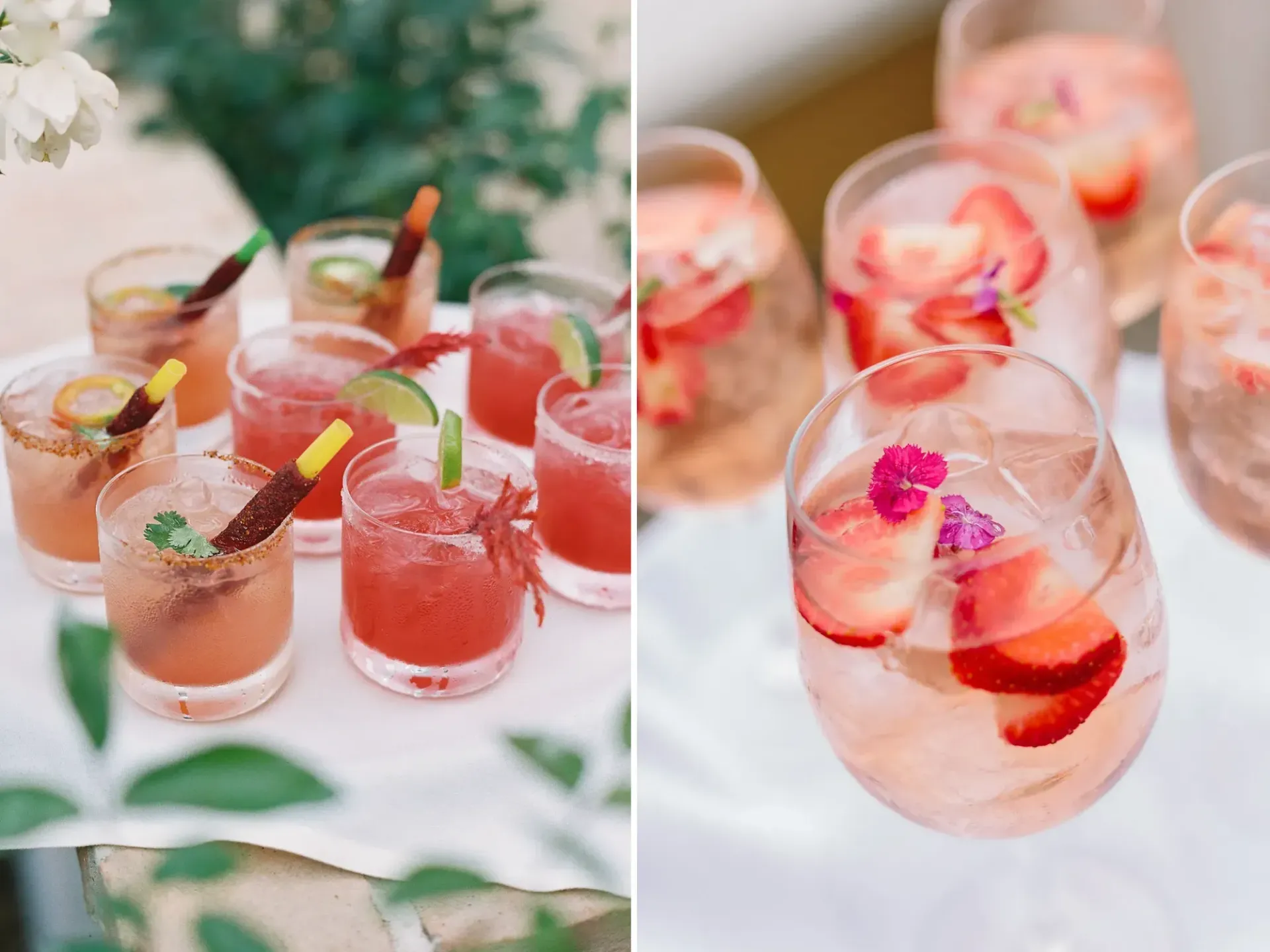 Two photos: cocktails with fruit garnishes on a white tray and in glasses.