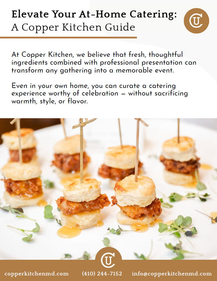 Flyer for Copper Kitchen, showcasing appetizer sliders. White plate, brown food, logo at bottom.