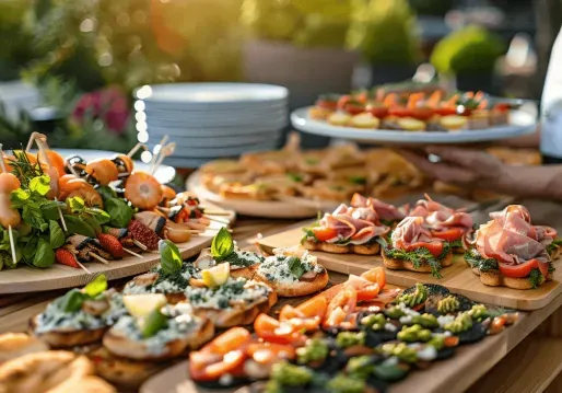 A person serving an assortment of appetizers and hors d'oeuvres on wooden platters during an outdoor event.
