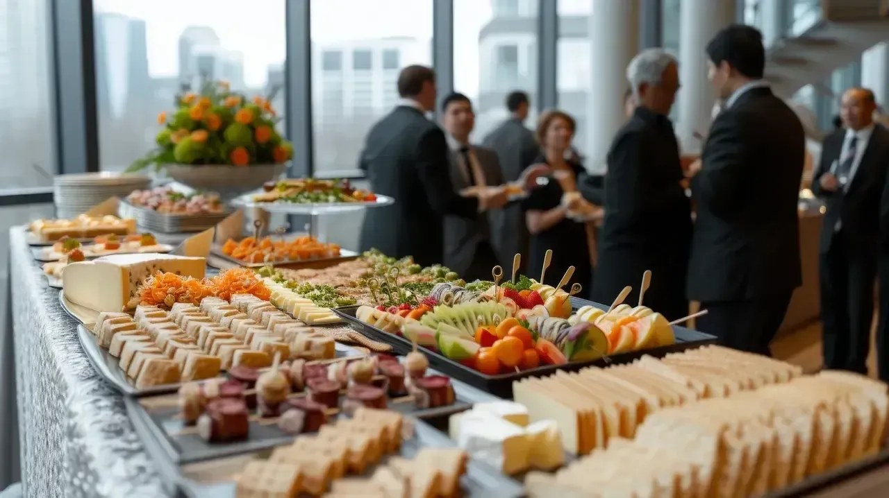Buffet table with appetizers at a gathering, people in suits converse near a large window.