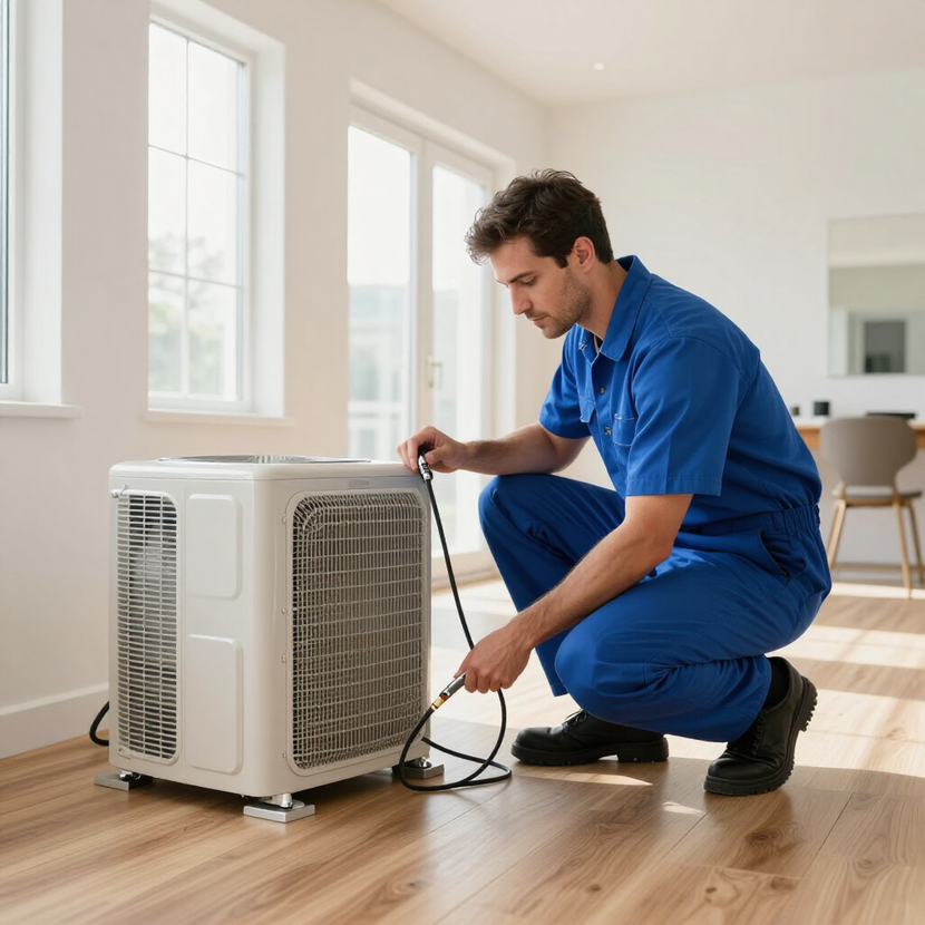 Technician in blue uniform checking an outdoor HVAC unit inside a bright room