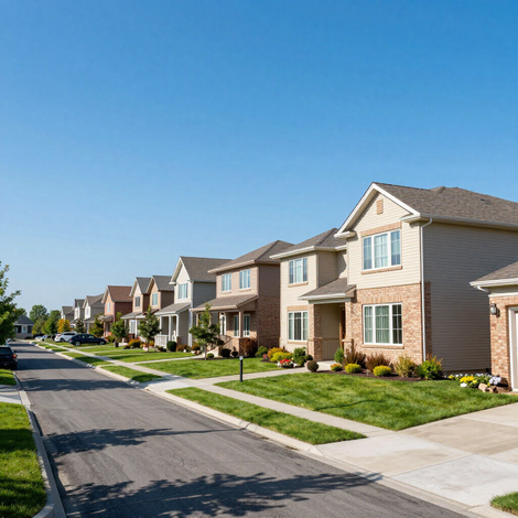 Suburban street with row of modern houses, green lawns, and a clear blue sky