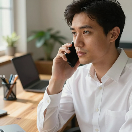 Man in a white shirt talking on a phone at a desk in a bright office