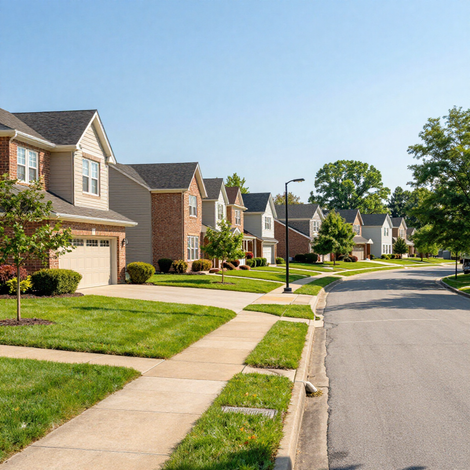 Suburban neighborhood street with brick houses, sidewalks, lawns, and trees on a sunny day