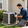 Technician kneels beside an outdoor air conditioner, inspecting it with a tool in a yard.