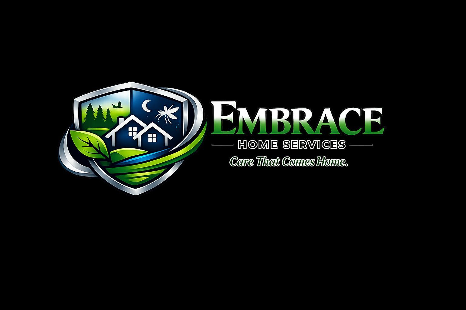 Embrace logo with house, shield, and green landscape on black background