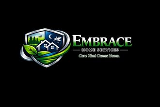 Embrace logo with house, shield, and green landscape on black background