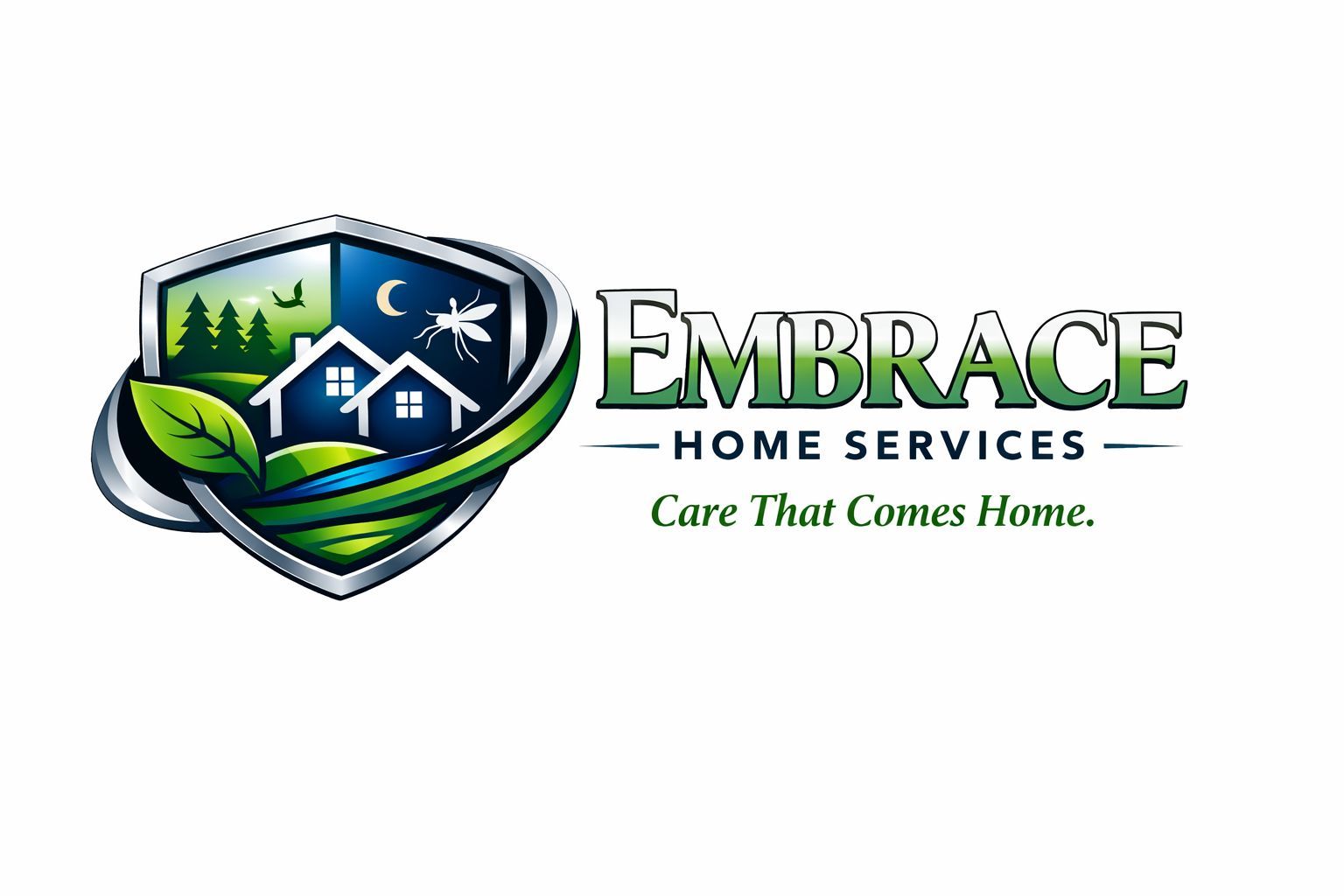 Embrace Home Services logo with a house shield, trees, moon, and slogan “Care That Comes Home.”