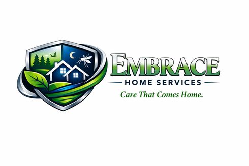 Embrace Home Services logo with a house shield, trees, moon, and slogan “Care That Comes Home.”