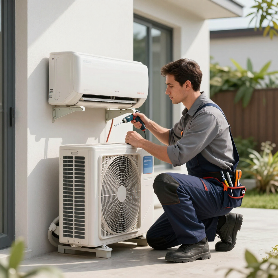 HVAC technician servicing an outdoor air conditioner unit beside a house