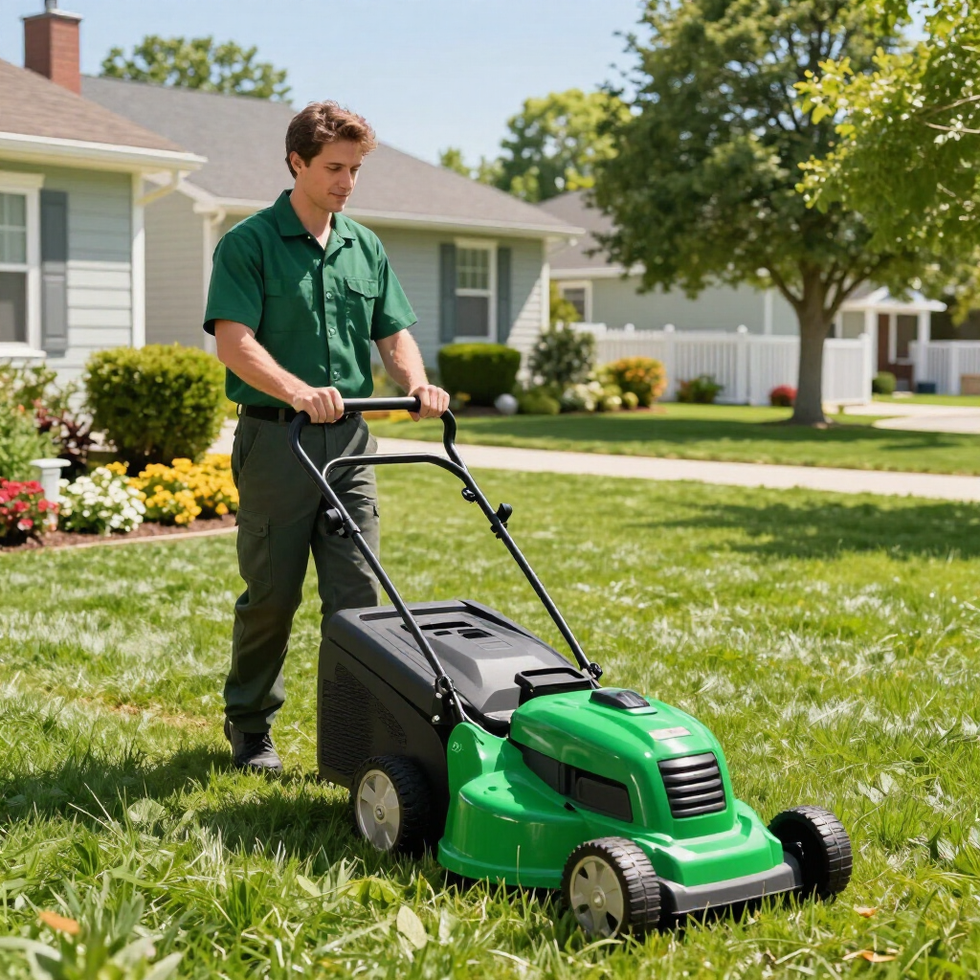 Man mowing a green lawn in front of a suburban house on a sunny day