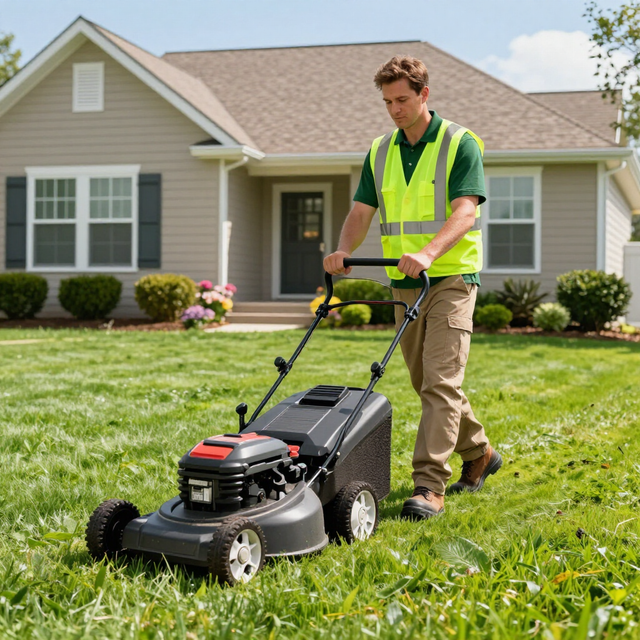 Person mowing a green lawn in front of a suburban house, wearing a bright safety vest