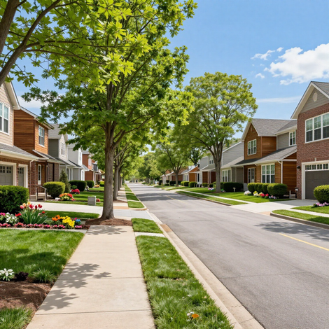 Quiet suburban street with brick houses, trees, sidewalks, and clear blue sky