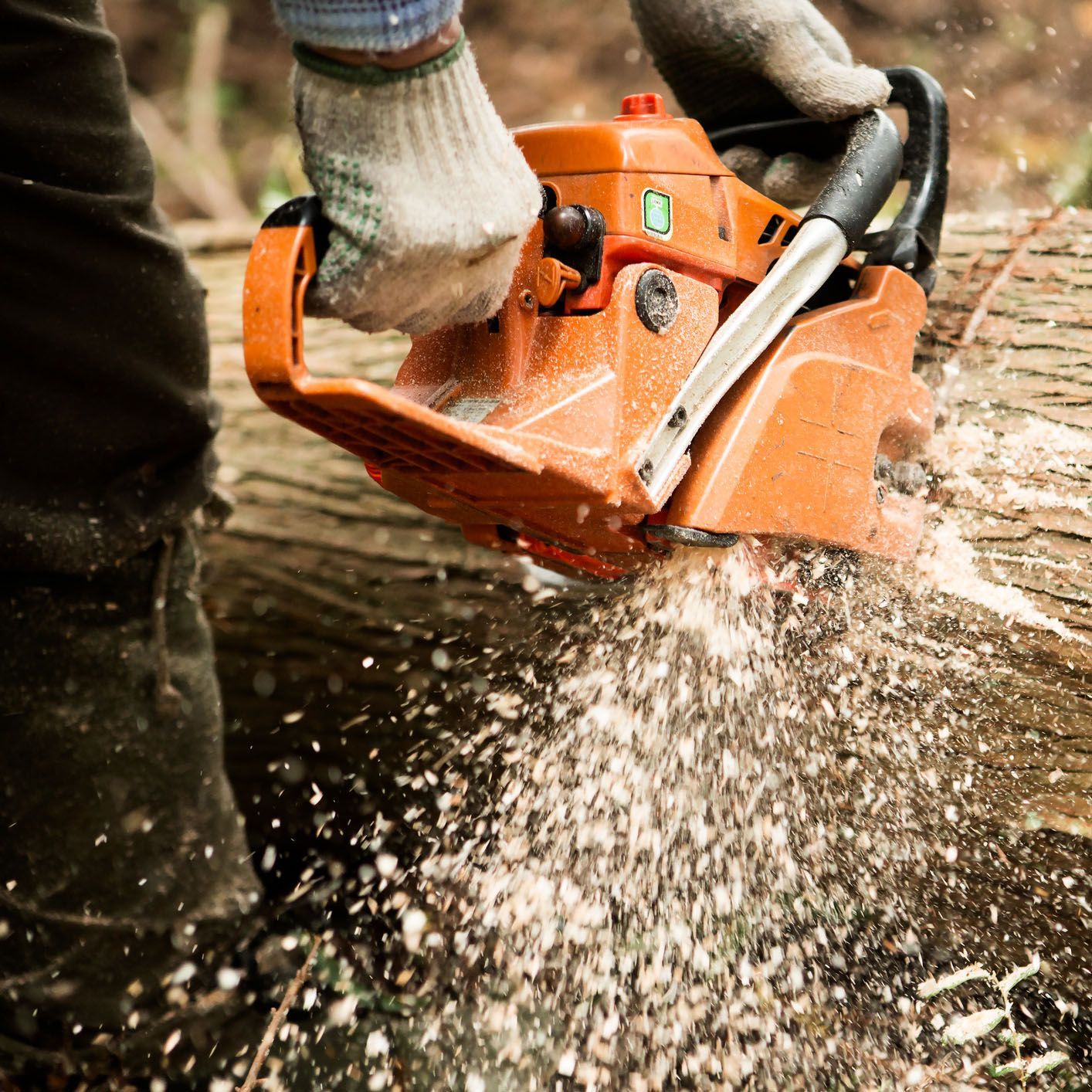 A person is using a chainsaw to cut a log.