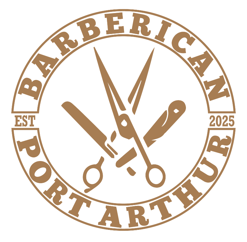 Logo for Barberican Port Arthur: Circular brown logo with barber tools and text, 
