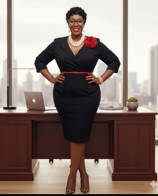 Woman in black suit stands confidently behind desk with city view.