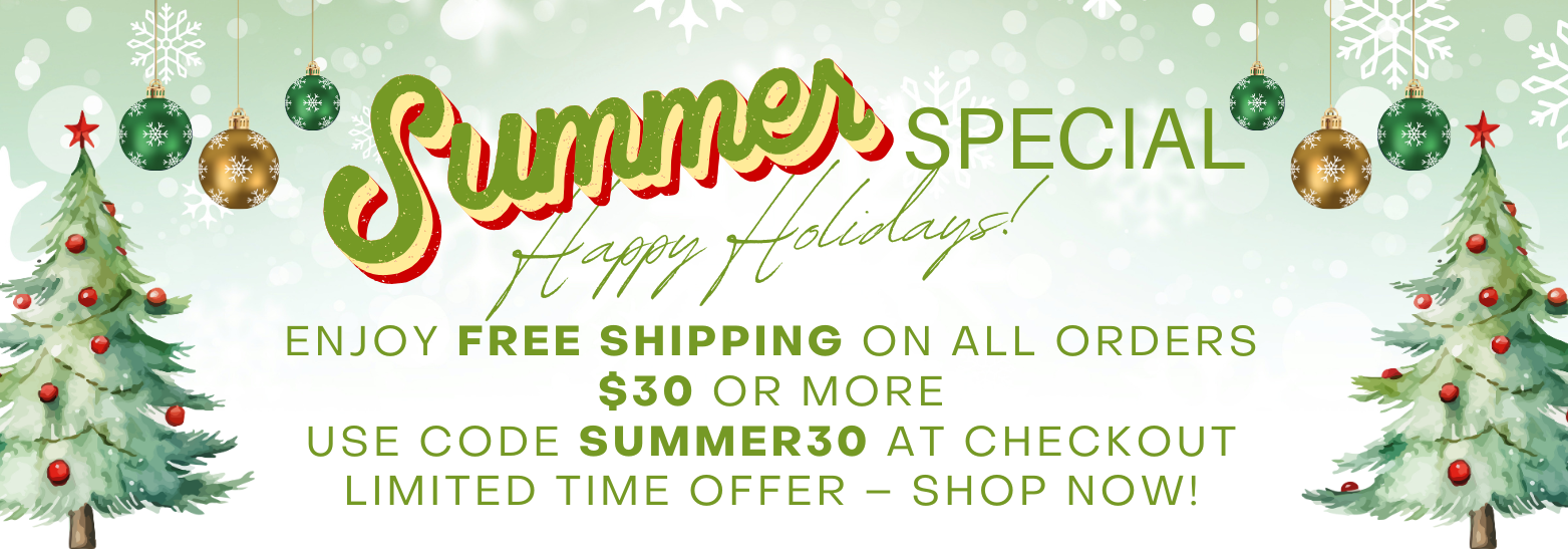 A banner that says `` summer special enjoy free shipping on all orders $ 30 or more use code summer30 at checkout limited time offer shop now ''