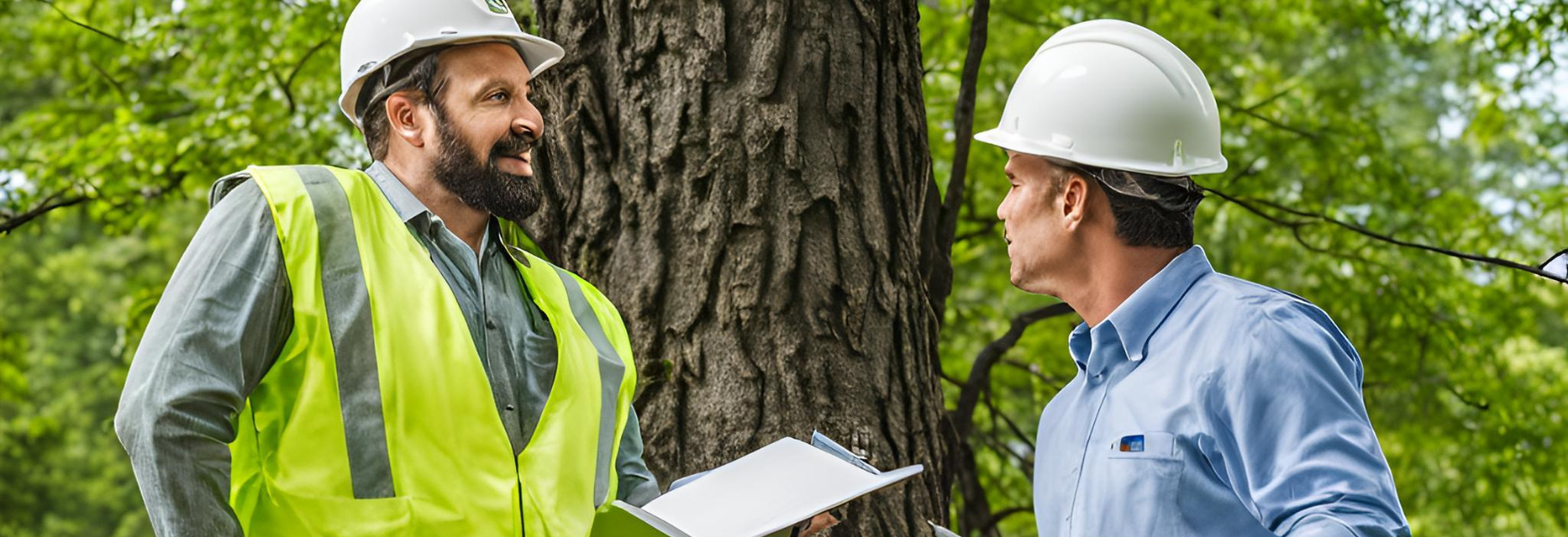 Two men in hard hats are standing next to a tree talking to each other.