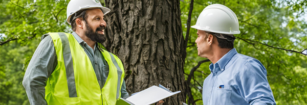 Two people in hard hats and safety vests consult near a tree, in a green, natural setting.