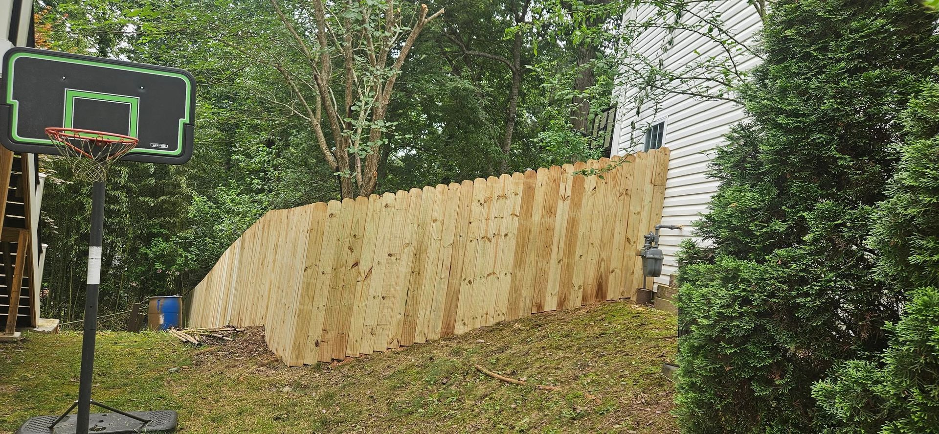 A basketball hoop stands on the grassy lawn next to a wooden fence and trees.