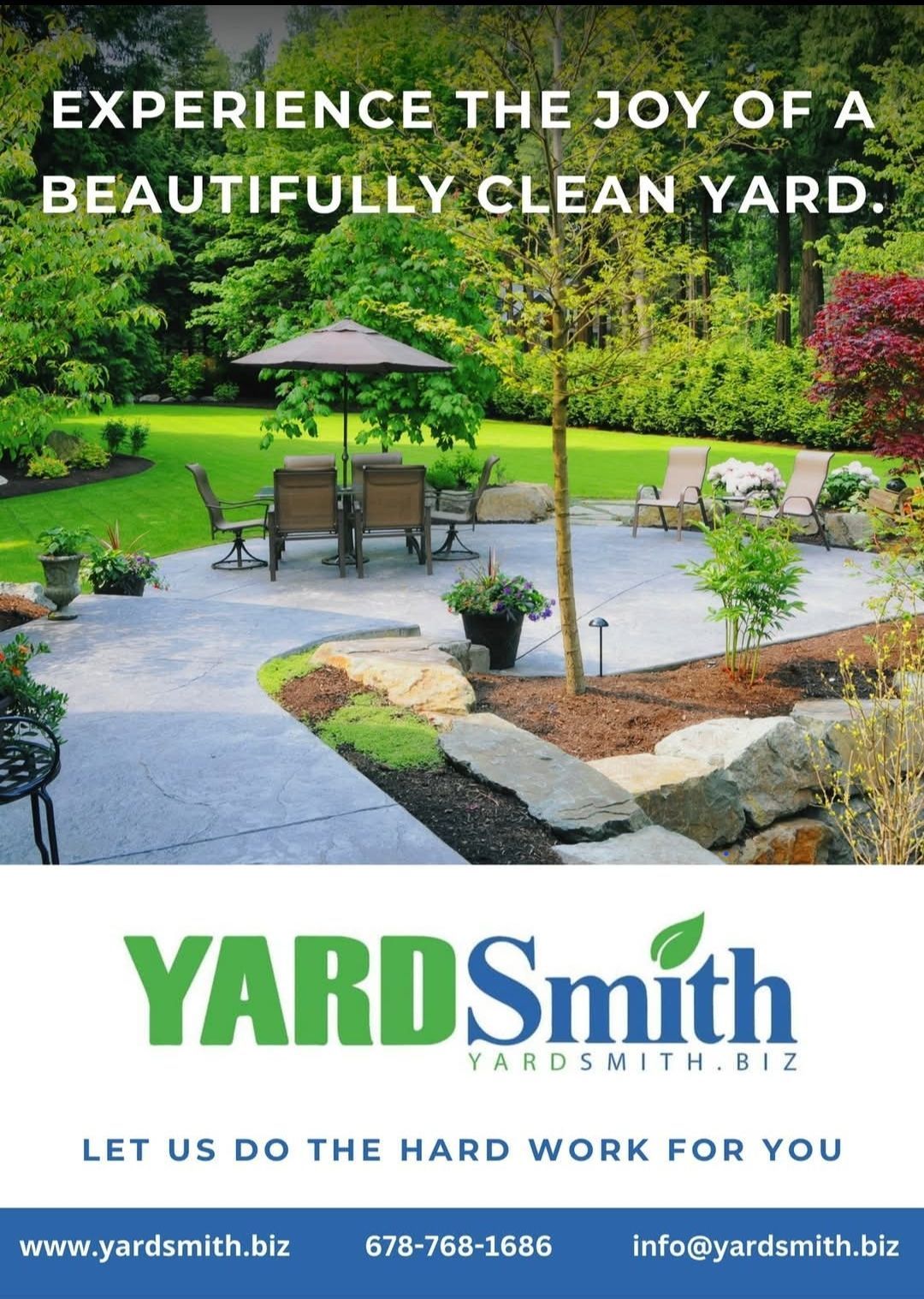 Advertisement for Yard Smith with a clean yard and patio scene.