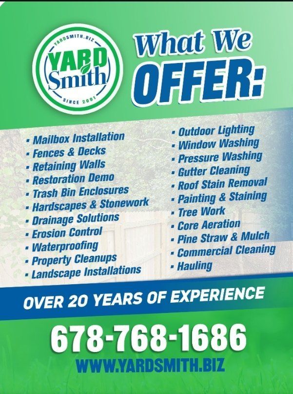 Flyer for Yard Smith services: offers landscaping, cleaning, and repair. Shows contact info, green and blue design.