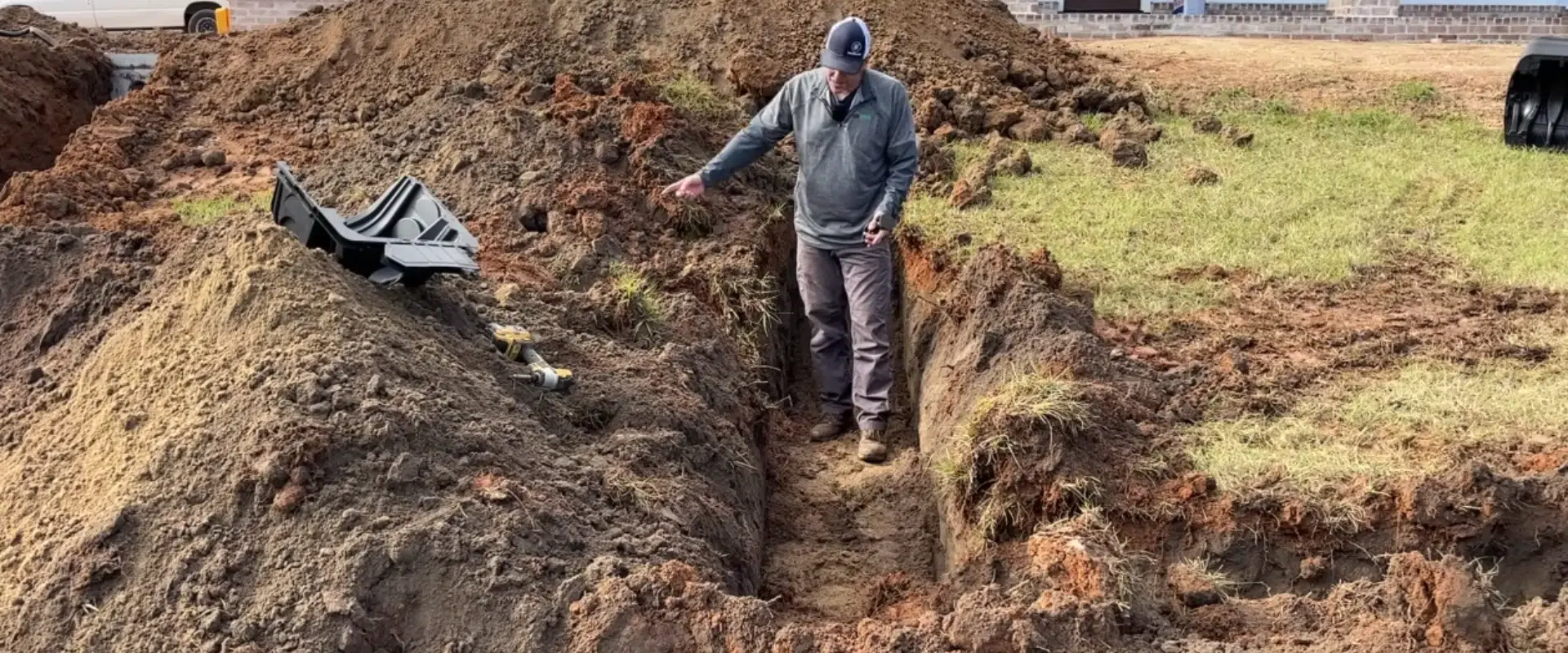 A man stands in a trench, pointing. Dirt piles surround him in a construction setting.