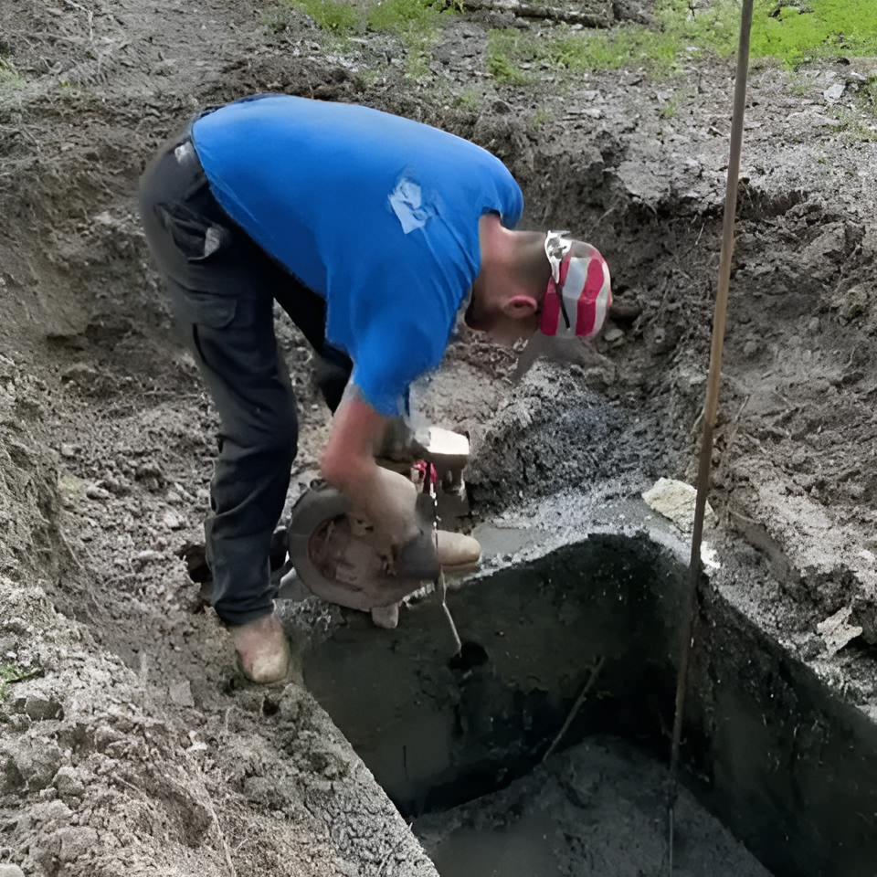 Man in blue shirt uses blower on wet concrete in an outdoor rectangular hole.