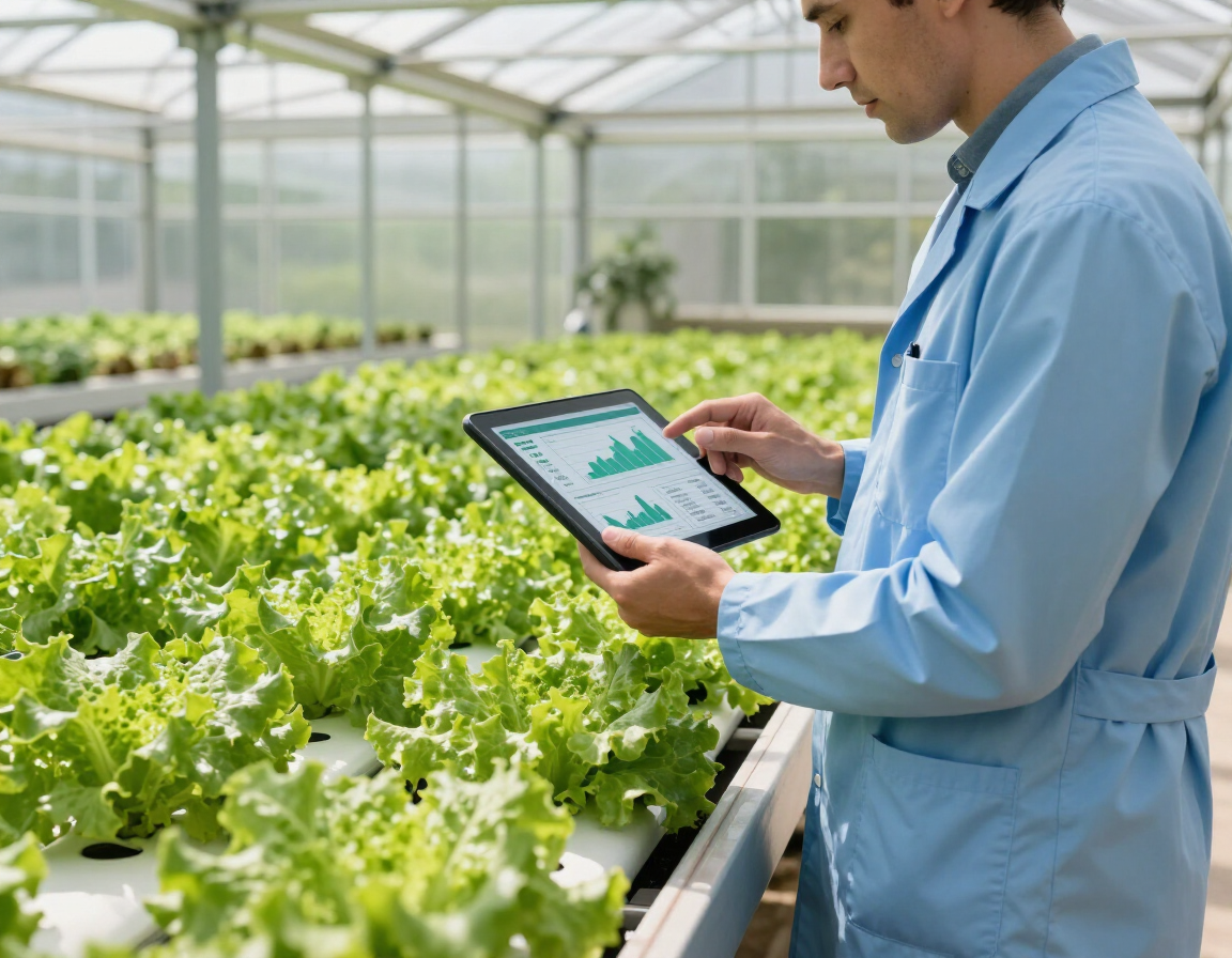 Un agricultor con mono azul usa una tableta mientras inspecciona lechugas en un invernadero.