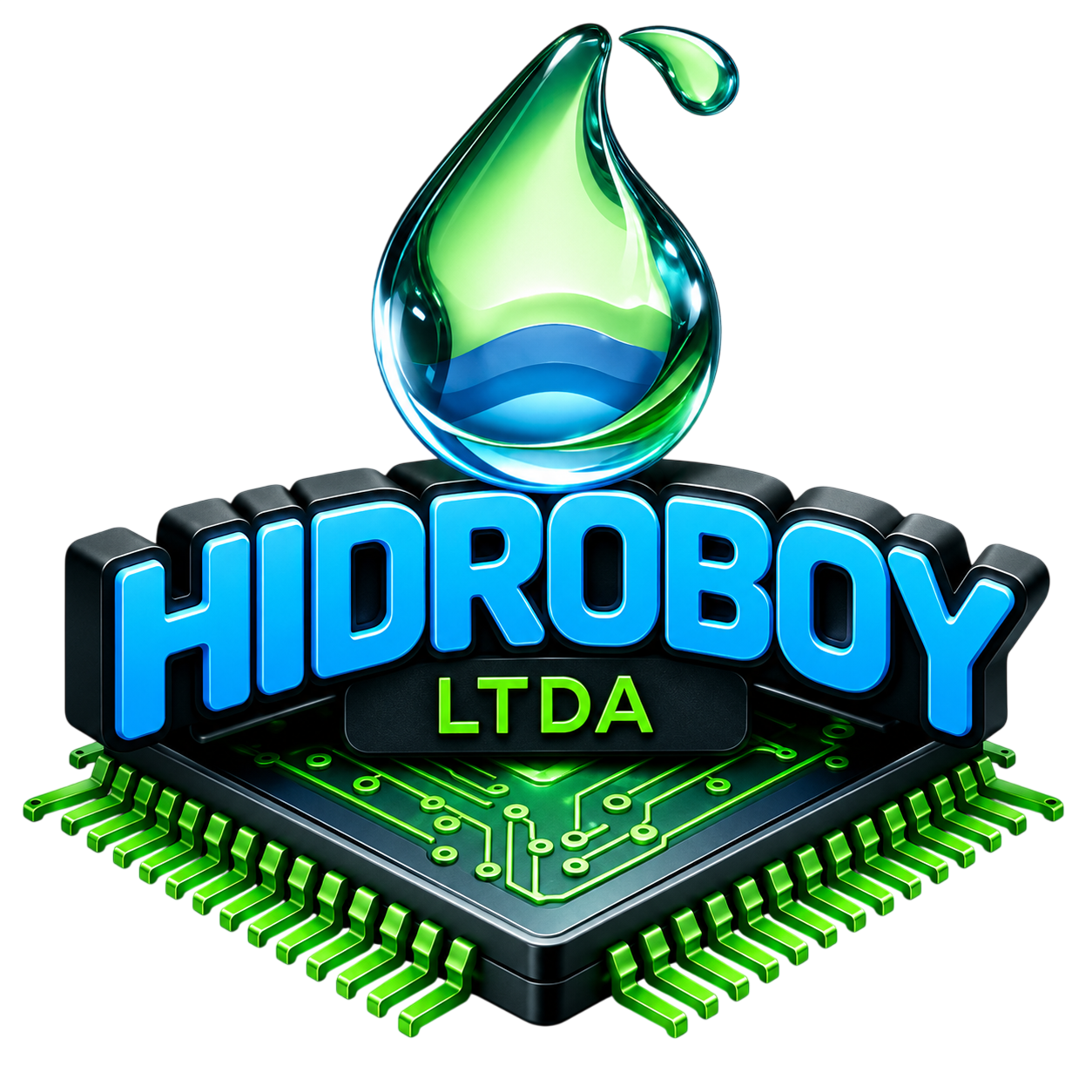 Logotipo de Hidroboy LTDA con una gota de agua azul verdosa sobre un chip de circuito impreso.
