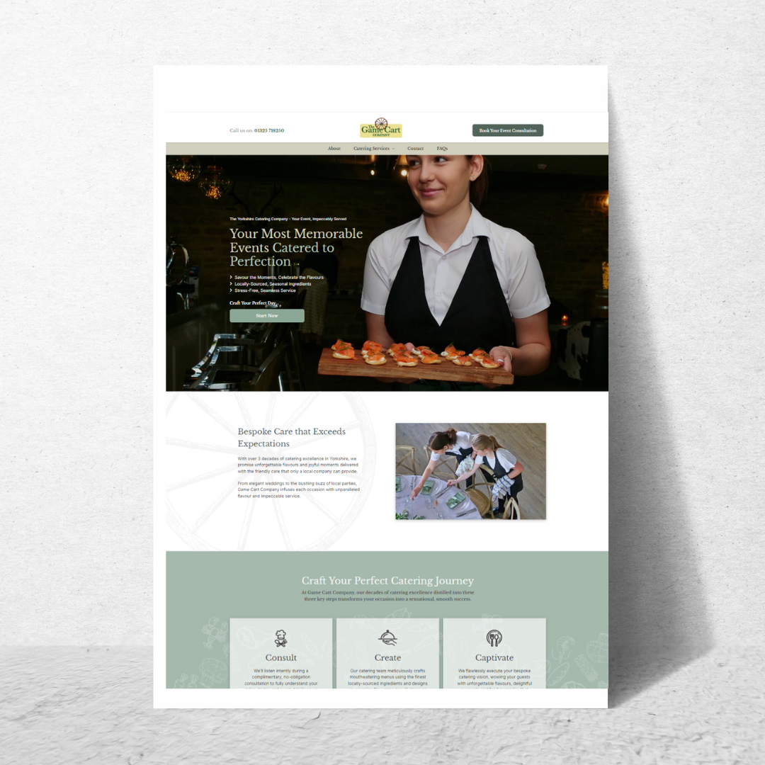 a woman is holding a tray of food on a catering website