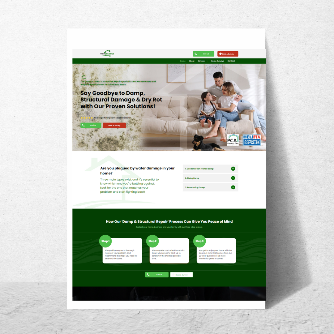 a home page for a damp proofing business with a picture of a family sitting on a couch .