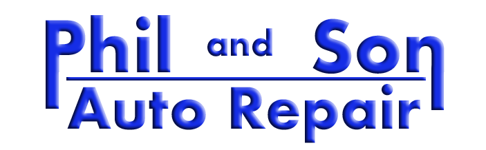 The logo for phil and son auto repair is blue