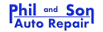 The logo for phil and son auto repair is blue