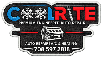 Logo for Cool Rite, auto repair shop. Blue text,