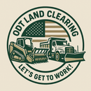 Logo for ODT Land Clearing: a skid steer, dump truck with snowplow, and an American flag. "Let's get to work!" text.