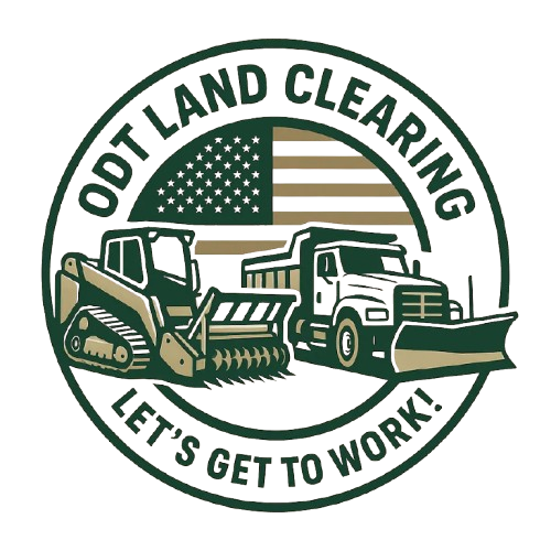ODT Land Clearing logo with equipment: skid steer, dump truck, and US flag, green and beige. Text reads 