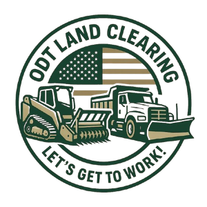 ODT Land Clearing logo with equipment: skid steer, dump truck, and US flag, green and beige. Text reads