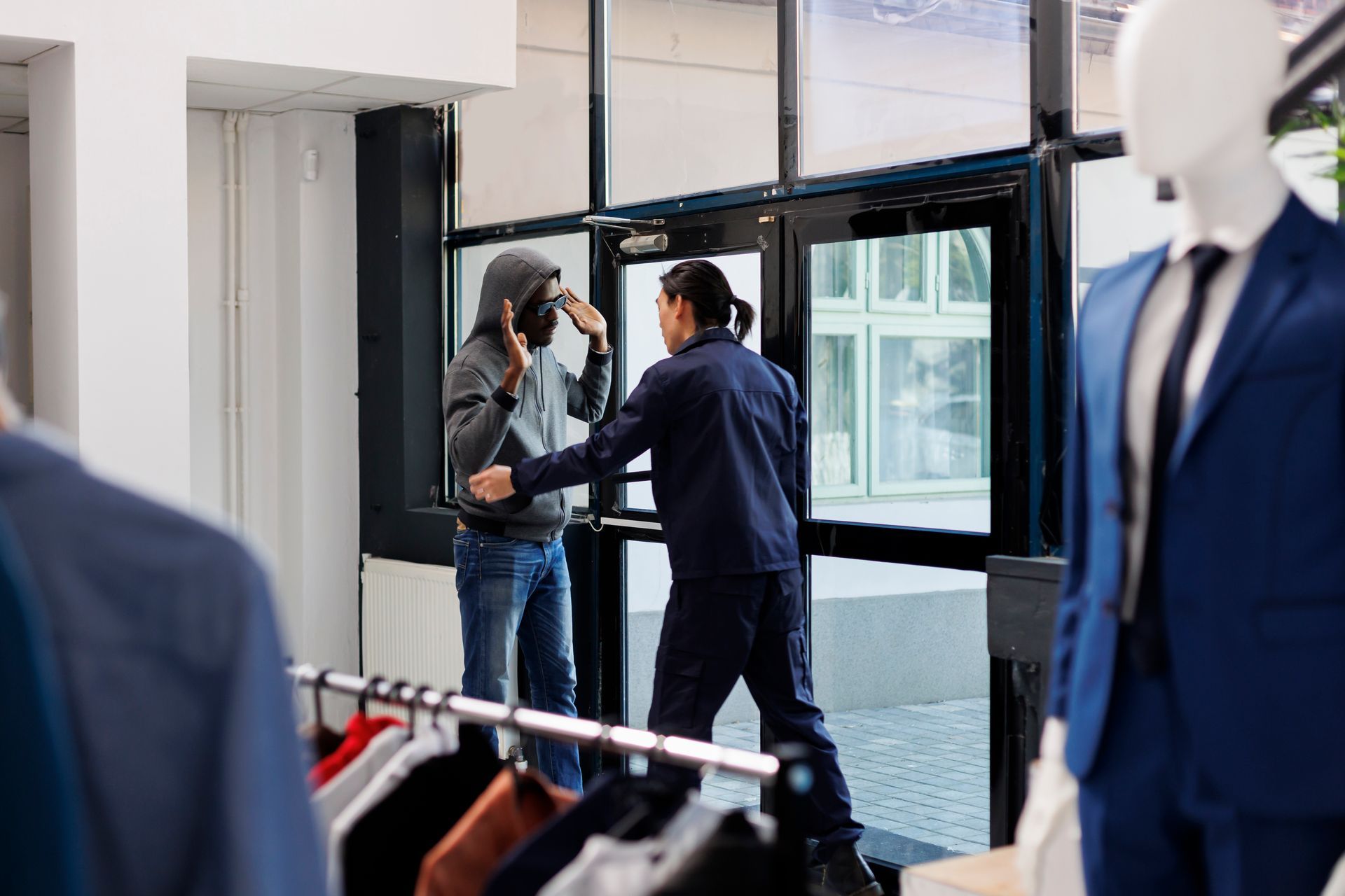 Security guard detains a hooded shoplifter at a store entrance.