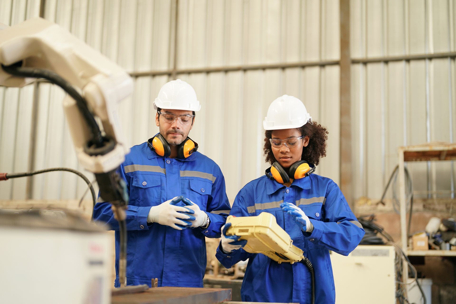 Two people in blue coveralls and hard hats operate a robotic arm in a factory.