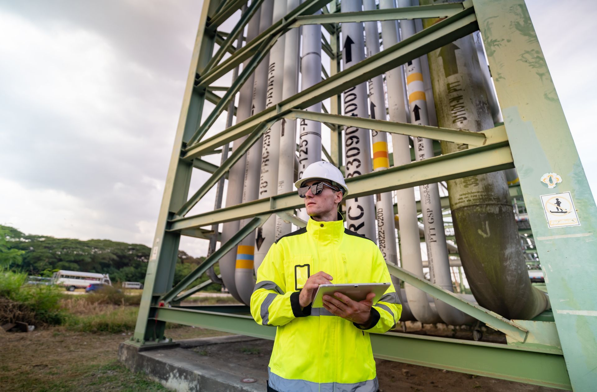 Engineer in yellow vest and hard hat inspects pipes, using a tablet at an industrial site.