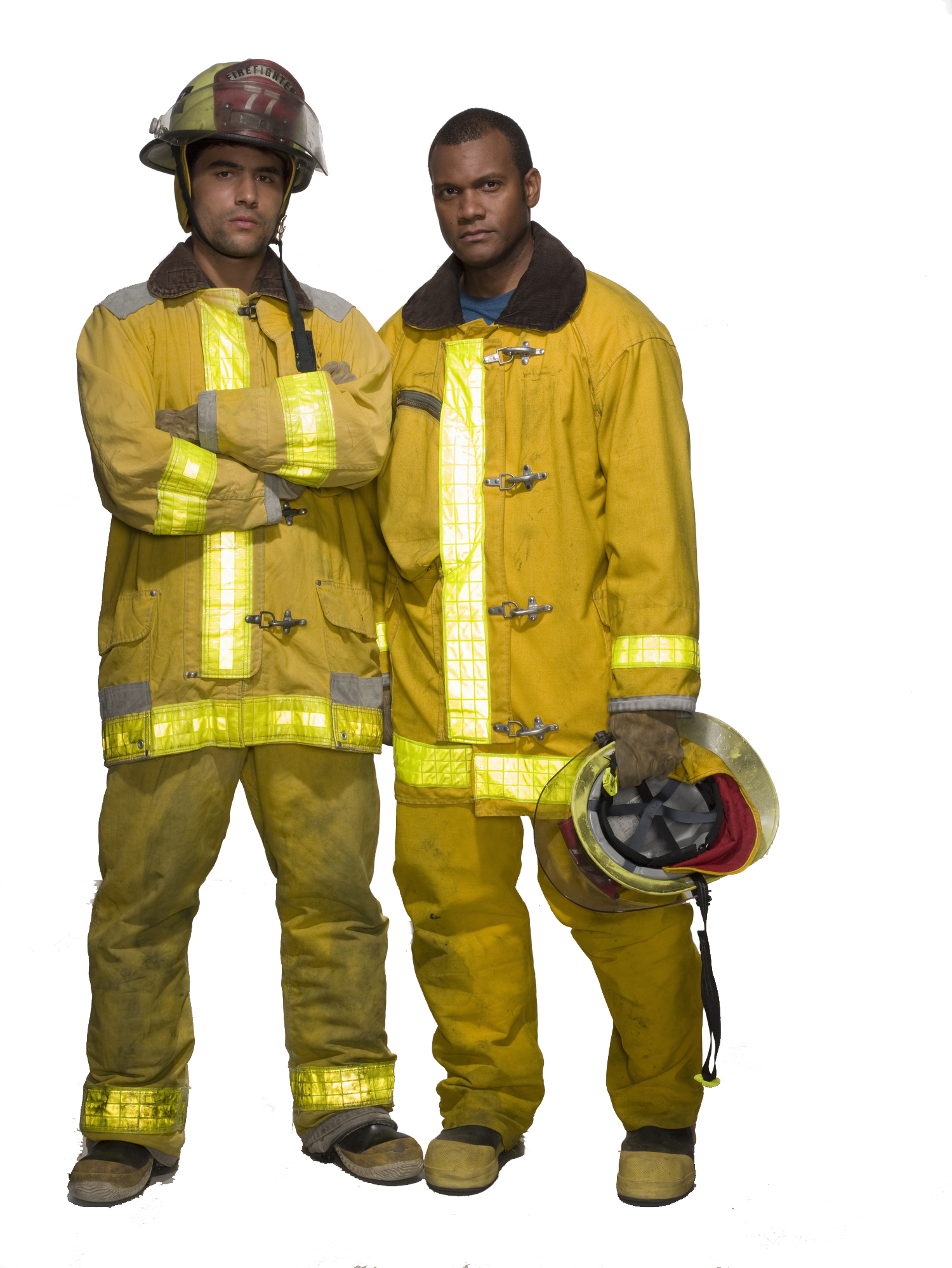 Two firefighters are standing next to each other with one having their  arms crossed