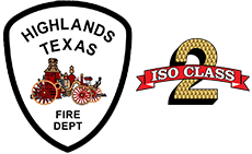 The logo for the Highlands Texas fire department is a shield with a fire truck on it.
