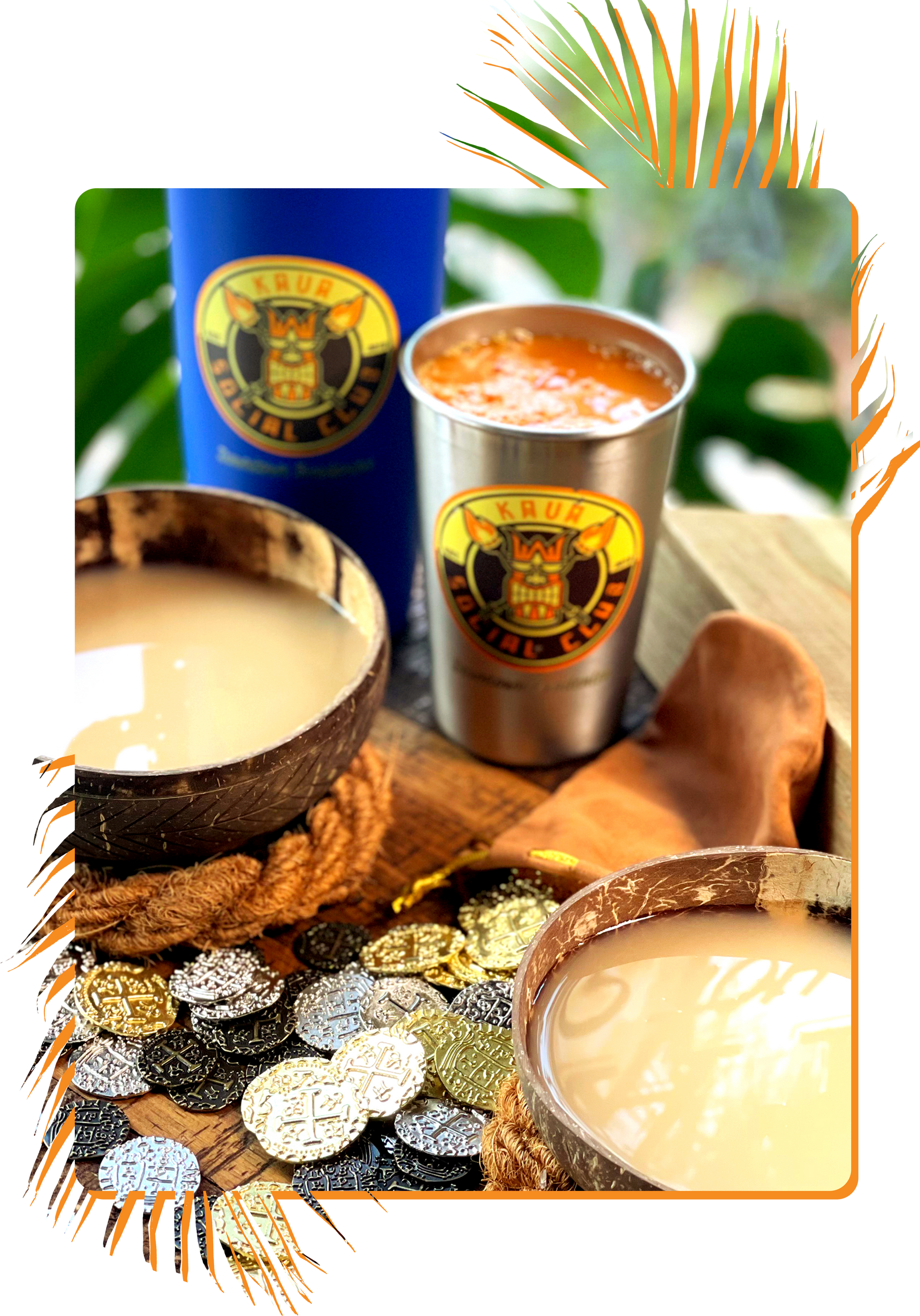 Three cups of liquid are sitting on a wooden table surrounded by coins.