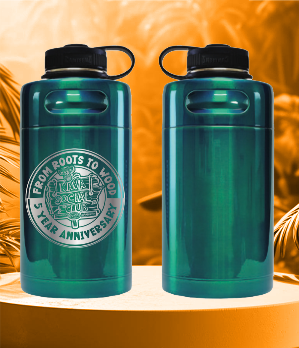 Two green water bottles with the words from roots to world on them