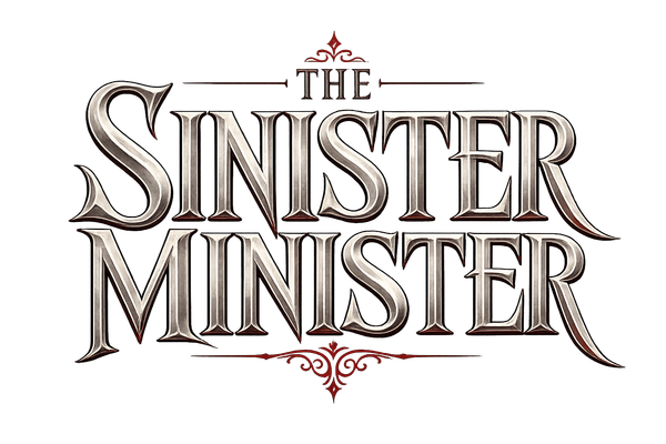 The Sinister Minister logo in ornate black and red lettering