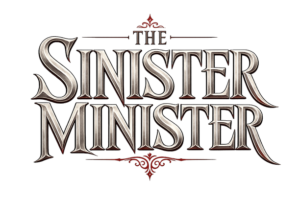 Title text reading “The Sinister Minister” in ornate brown lettering on a white background