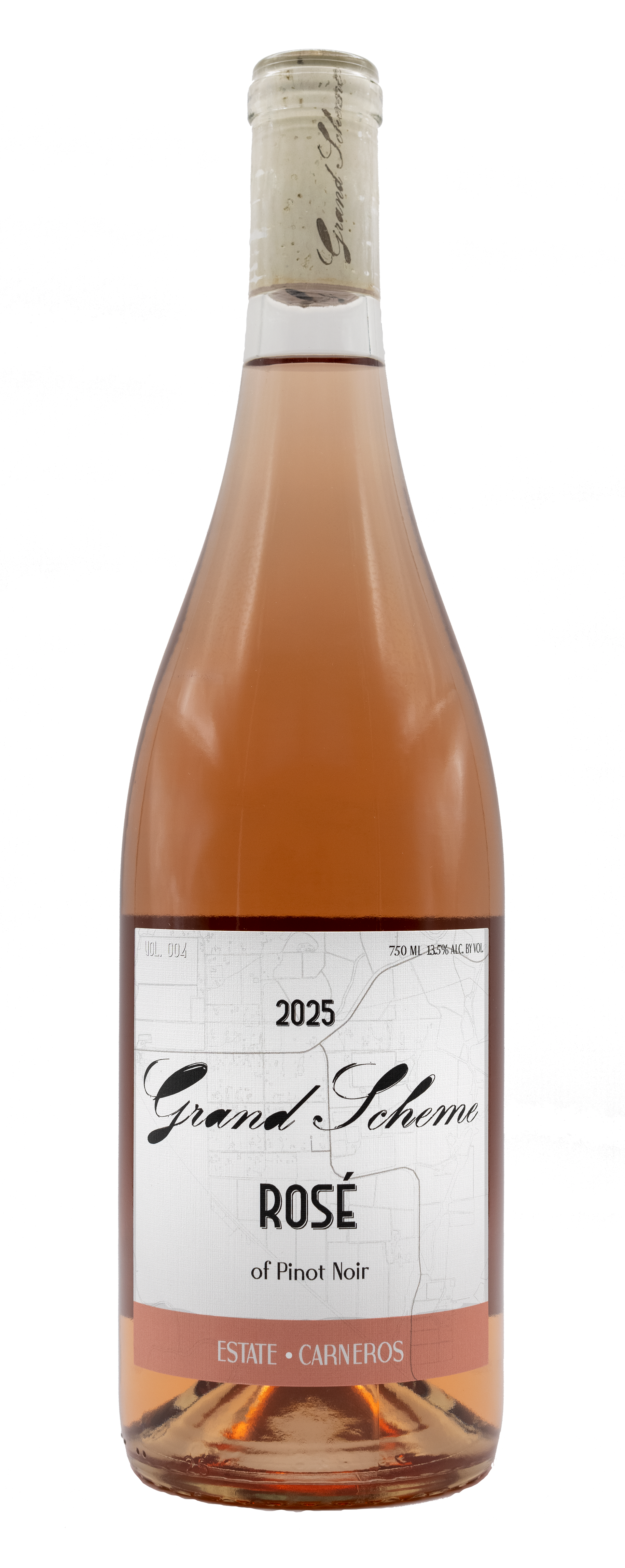 2025 Estate Rose of  Pinot Noir wine with a white label on a white background.