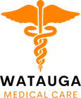 a logo for watauga medical care with an orange caduceus
